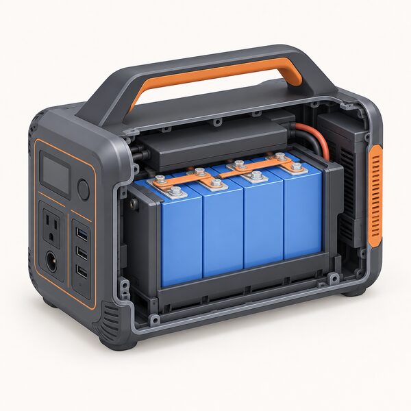A cutaway view of a portable power station with its outer casing opened to reveal a simple rectangular LiFePO4 battery pack inside, drawn as a plain block with cell modules and connecting busbars, no person present.
