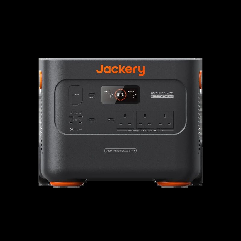 A Jackery Explorer 2000 Plus portable power station with display, UK sockets and USB ports on a white background