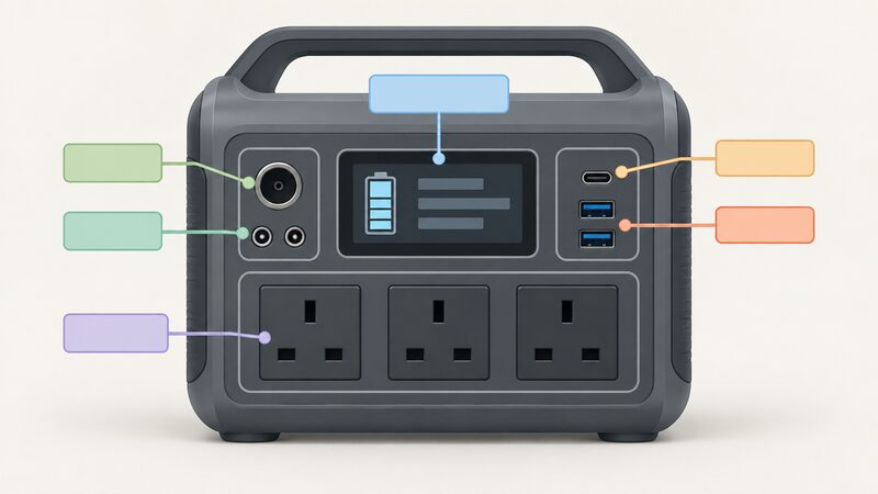 A flat front-facing diagram of the portable power station's front panel, drawn as a physical object on a plain background, showing the row of AC outlet sockets, the DC ports, the USB ports and the display screen, each indicated by a plain callout block with blank lines instead of readable labels.