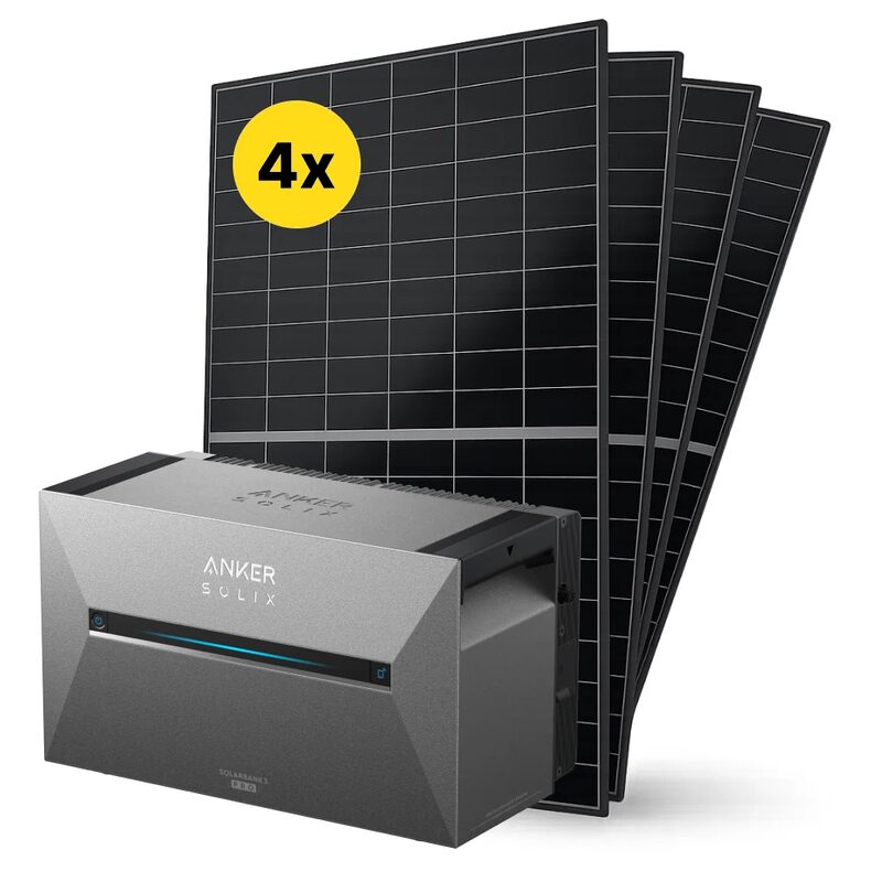 An Anker Solix Solarbank 3 Pro battery unit with four solar panels fanned behind it
