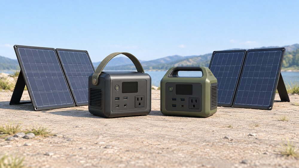 Two portable power stations standing side by side on flat ground outdoors, each with a folding solar panel leaning open beside it, one unit with a carry strap, both unbranded and shown close up with nothing else in the scene.
