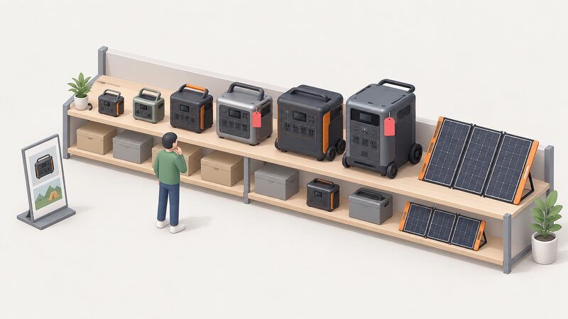 A shop shelf holding a row of portable power stations from small camping-sized units to large solar generator models, with a small isometric figure browsing and a couple of units marked with plain sold-out tags.
