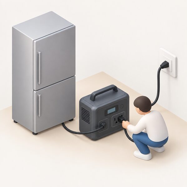 A portable power station on a kitchen floor recharges from a wall socket via its mains lead while a refrigerator's plug stays connected to the station's AC outlet, with a small isometric figure plugging the fridge lead in, showing pass-through charging.