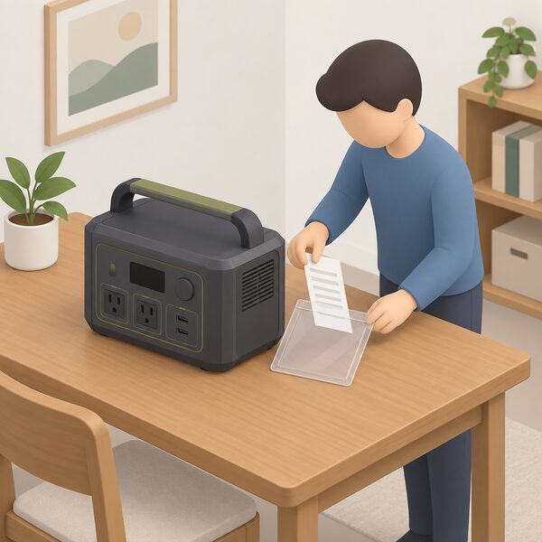 A portable power station sitting on a table indoors with its proof of purchase receipt tucked into a clear plastic wallet beside it, a simplified figure placing the receipt there to keep it safe with the unit.