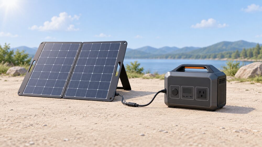 A portable power station standing on the ground outdoors with a folding solar panel propped open beside it facing the light, connected by a solar extension cable lying across the ground between them.
