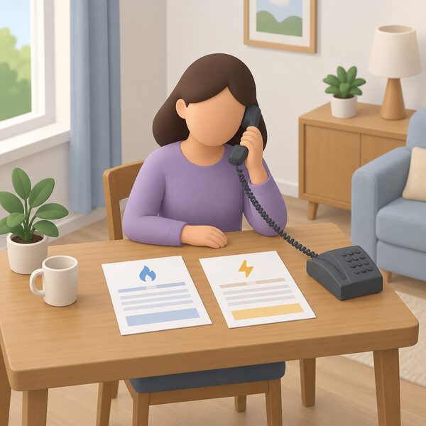 A householder at home telephoning their gas and electricity supplier to ask to be added to the Priority Services Register, holding a phone to their ear at a table with a gas bill and an electricity bill laid out in front of them.
