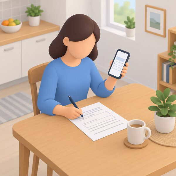 A person at a kitchen table holding a mobile phone, updating their contact details on a printed registration form, with a pen in hand and the phone screen showing a plain blank entry field, in a simple home setting.