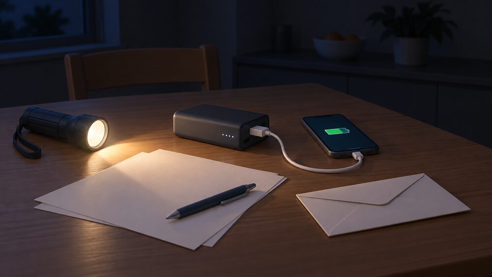 On a kitchen table in the dark, a portable battery pack with a cable charging a mobile phone sits beside blank paperwork, a pen and a sealed envelope, with a torch lying nearby.