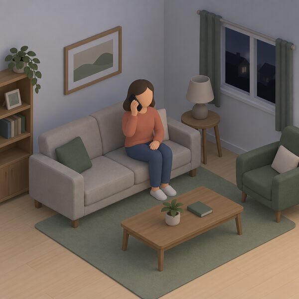 A person in a living room during a power cut, holding a mobile phone to their ear with a lamp switched off nearby, making the 105 call that connects the household to its network operator and records their need for support.