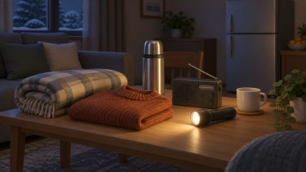 On a living-room table during a winter power cut, a folded blanket and warm jumper lie beside a flask of hot water, a battery-powered radio and a torch, with a closed fridge visible in the dim background.