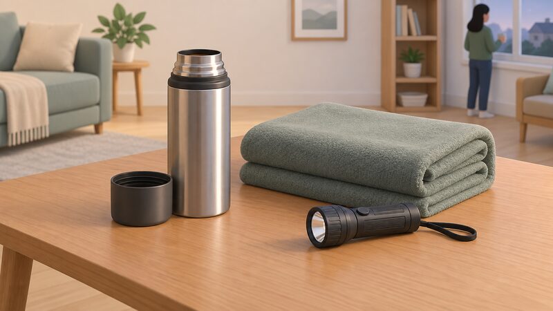 A power cut kit laid out on a table: a thermos flask with its lid off, a folded blanket and a torch, arranged together as the household's first-hours supplies.