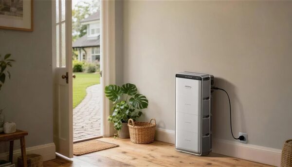 A Jackery home battery storage unit plugged into a wall socket in a hallway