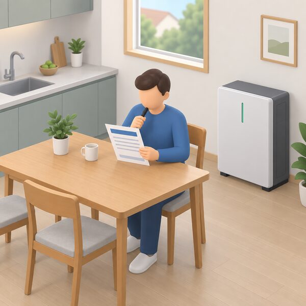 A homeowner sits at a kitchen table reading a printed warranty policy document, shown as a physical sheet with blank lines and plain colour bands, with a home battery unit on the floor nearby and a pen in hand before deciding to buy.
