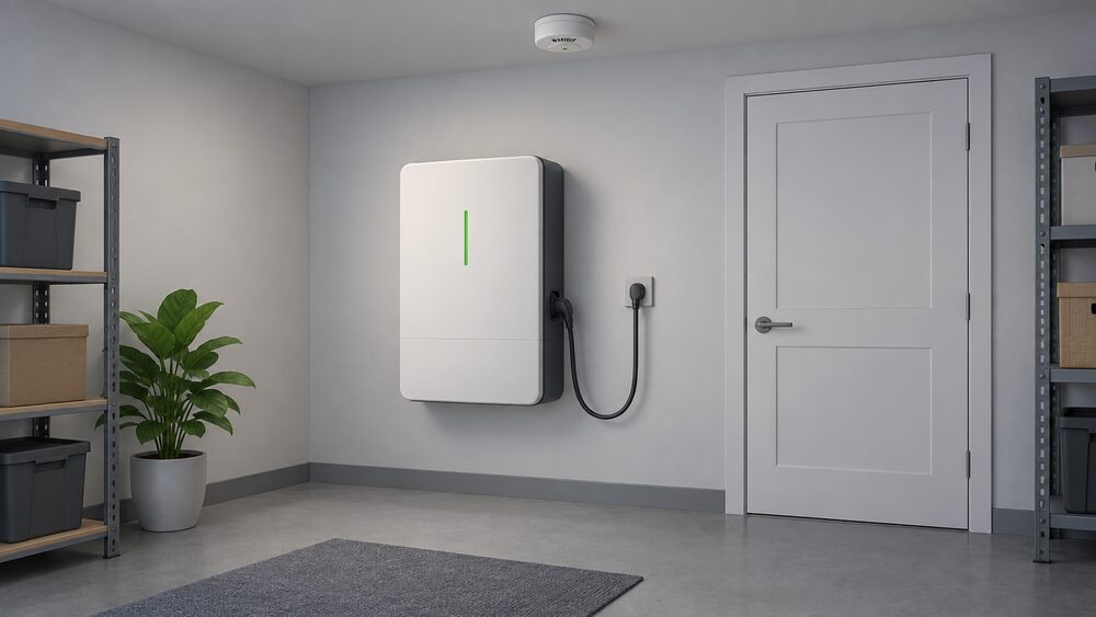 A wall-mounted home storage battery unit in a cool utility room, shown close up with its charging cable plugged in, a smoke alarm on the ceiling above, a closed door behind and no heat source or sunlight anywhere near it.
