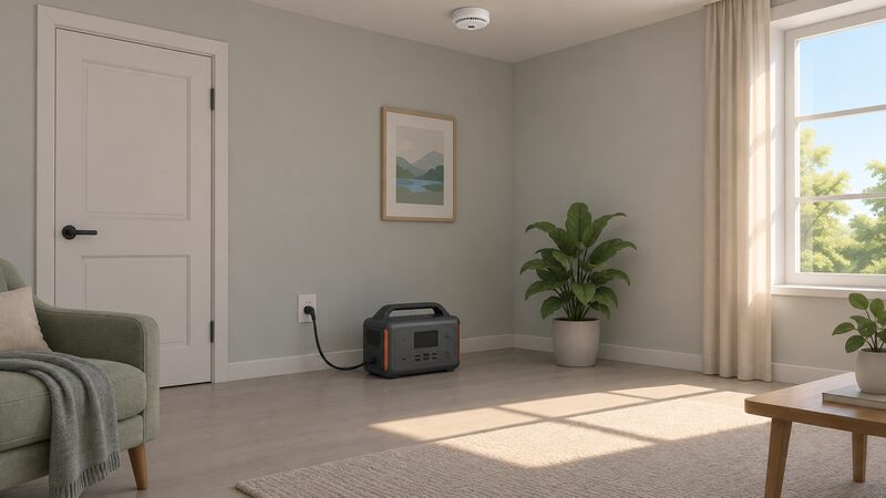 A portable power station sits charging on a cool indoor floor in a shaded corner of a room, well away from a bright sunlit window, with a smoke alarm on the ceiling above and the room door closed.