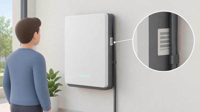 A wall-mounted home battery on a plain interior wall with a small serial number label on its right-hand side, partially obscured by a cable or conduit running down that side, drawn as a close-up so the label's position is clear.