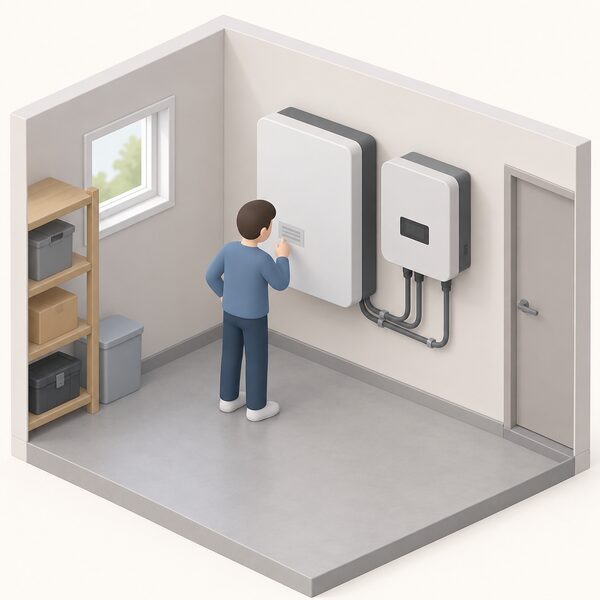 A simplified isometric indoor scene showing a wall-mounted RESU home battery unit fixed to a utility room wall beside its matching inverter, with a small figure looking at the serial number label on the battery casing.