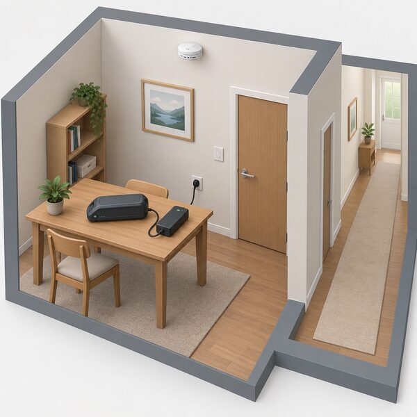 A small e-bike battery on its charger sits on a table in a closed room, with a smoke alarm on the ceiling, the door shut and the hallway escape route beyond it left clear.