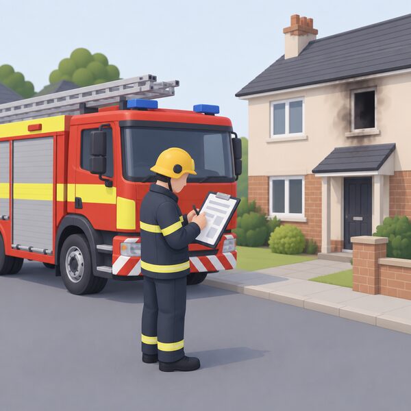 A fire and rescue service officer in plain uniform stands beside a fire engine outside a domestic house, completing an incident record on a clipboard, its page shown with blank lines and plain blocks, following attendance at a household fire.