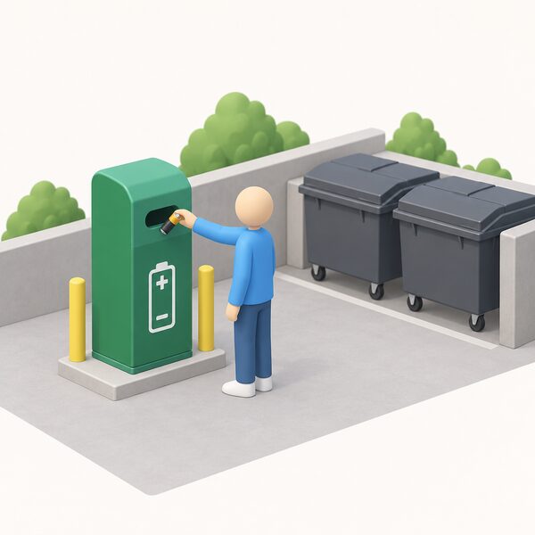 A battery collection point bin at a household waste disposal site, with a simplified figure placing an old battery into the slot, standing apart from general waste containers nearby.