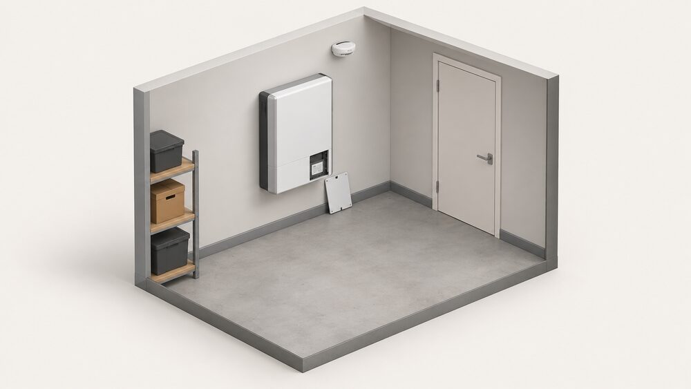 A wall-mounted home battery unit on a garage or utility room wall, with the access cover at its bottom right removed to show the serial number label, a smoke alarm on the ceiling above it, and a closed door in the background away from the escape route.