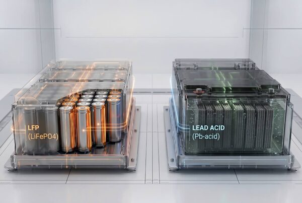 A 3D render comparing an LFP (LiFePO4) battery with cylindrical cells and a lead acid (Pb-acid) battery side by side