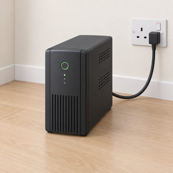 A single compact domestic tower-style UPS unit standing on a floor or desk corner in a plain UK home setting, shown alone with its mains lead and a socket outlet nearby, ready for installation with no other equipment connected.