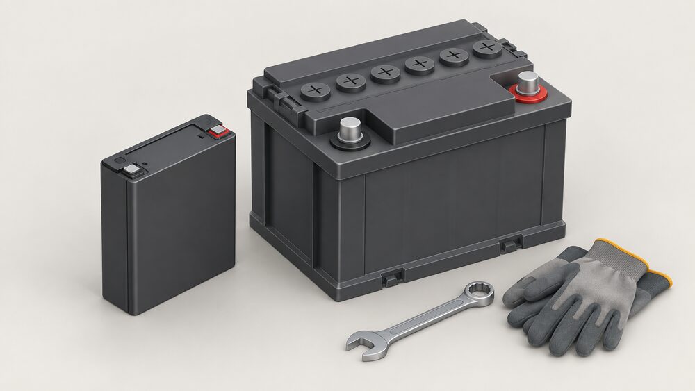 A close-up of two UPS battery units side by side on a plain floor: a compact, slim lithium-ion pack on the left and a much larger, bulkier lead-acid battery block on the right, with a spanner and gloves nearby hinting at the heavy replacement job.