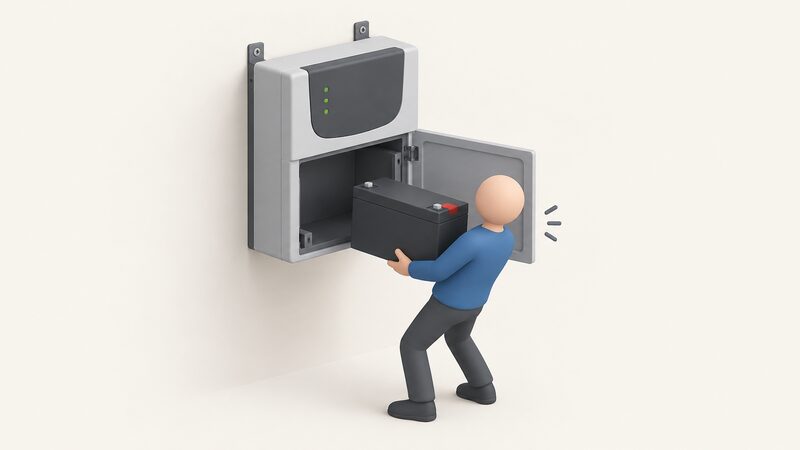 A wall-mounted UPS unit with its battery compartment door open, a small isometric figure in plain clothing lifting a heavy sealed lead-acid battery block out with both hands, the block's weight suggested by the figure's strained posture.