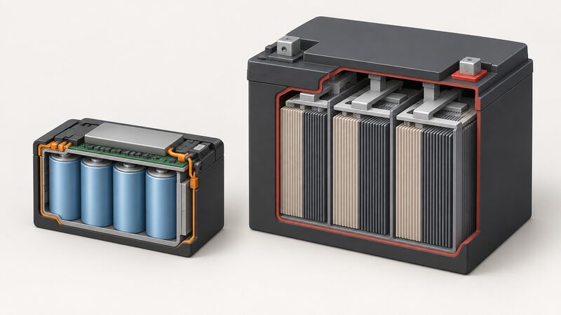 A cutaway view showing a compact lithium-ion battery pack beside a much larger sealed lead-acid block of the same energy rating, both opened to reveal their internal cells, with the lead-acid unit drawn noticeably bulkier and heavier-looking.
