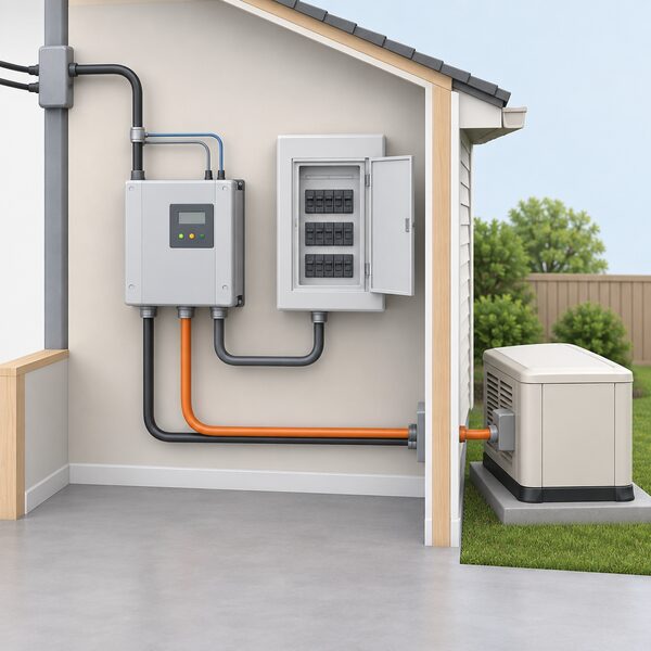 A wall-mounted automatic transfer switch beside the home consumer unit, with a cable from the incoming supply, a cable to the standby generator outside and a cable feeding the home electrical circuit, shown as a simple cutaway of the connection points.