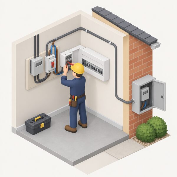 A registered electrician, shown as a simplified isometric figure with tools, wires a transfer switch mounted beside an indoor consumer unit, connecting it on the supply side alongside the meter tails and main switch, with a cable route running to an outdoor meter cubicle.