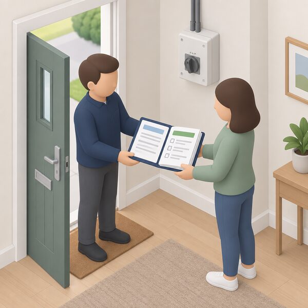 An installer in plain clothing handing a folder of documents across to a householder at their front door, the open pack showing blank-line pages, plain colour bands and a simple checklist block, with a transfer switch unit visible on the wall behind them inside the home.