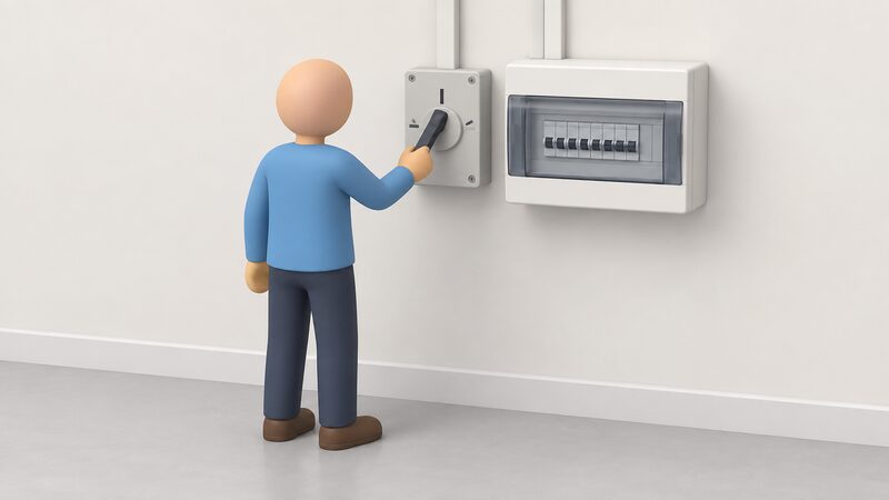 A wall-mounted manual changeover switch with its operating handle turned to the mains position, mounted beside a domestic consumer unit, with a simplified figure standing nearby with a hand on the handle ready to operate it by hand.