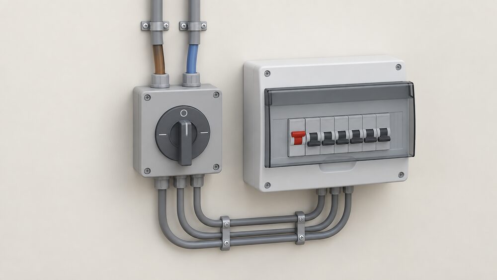 A close-up of a wall-mounted manual changeover switch — a compact grey panel with a rotary handle and centre-off position — wired in conduit beside a domestic consumer unit, with thick supply cables entering from above and circuit cables leaving below.
