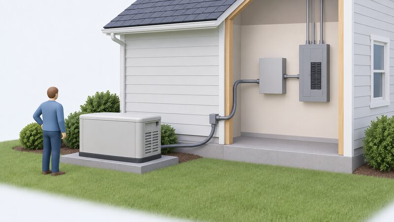 A permanently installed standby generator on a concrete pad beside the outside wall of a house, with a conduit cable run entering the wall and connecting to an automatic transfer switch mounted indoors next to the consumer unit, a simplified figure standing by the generator.