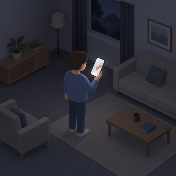 A simplified isometric figure stands in a dim living room holding a phone, its screen showing a plain map with a highlighted colour region, checking whether a local power cut is already known before reporting it.