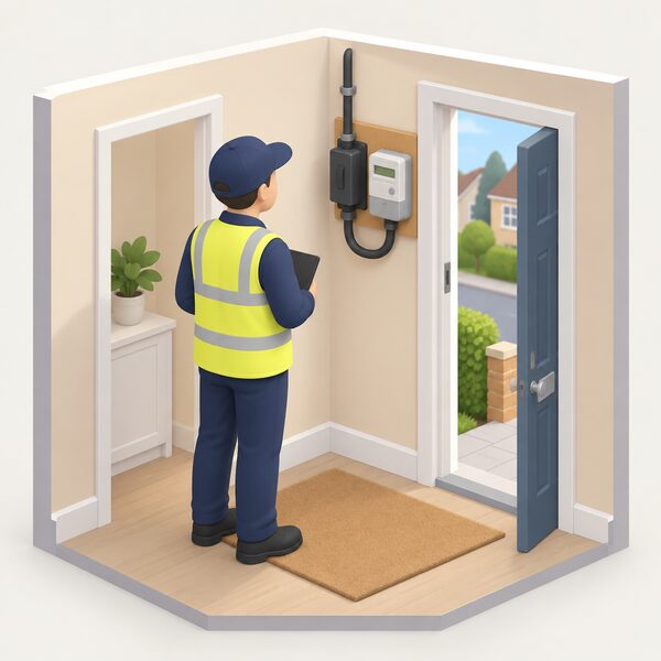 A network inspector at a UK home's front door, having knocked, looks at the electricity cut-out unit mounted inside the entrance beside the meter, visually checking the incoming supply cable and its fuse without touching anything.