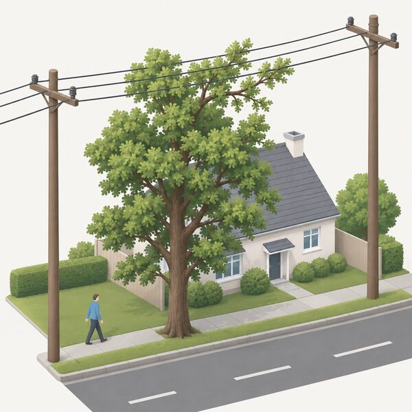 A tall tree with overgrown branches reaching up towards overhead electricity lines running between wooden poles above a residential street, with the closest branches nearly touching the wires.