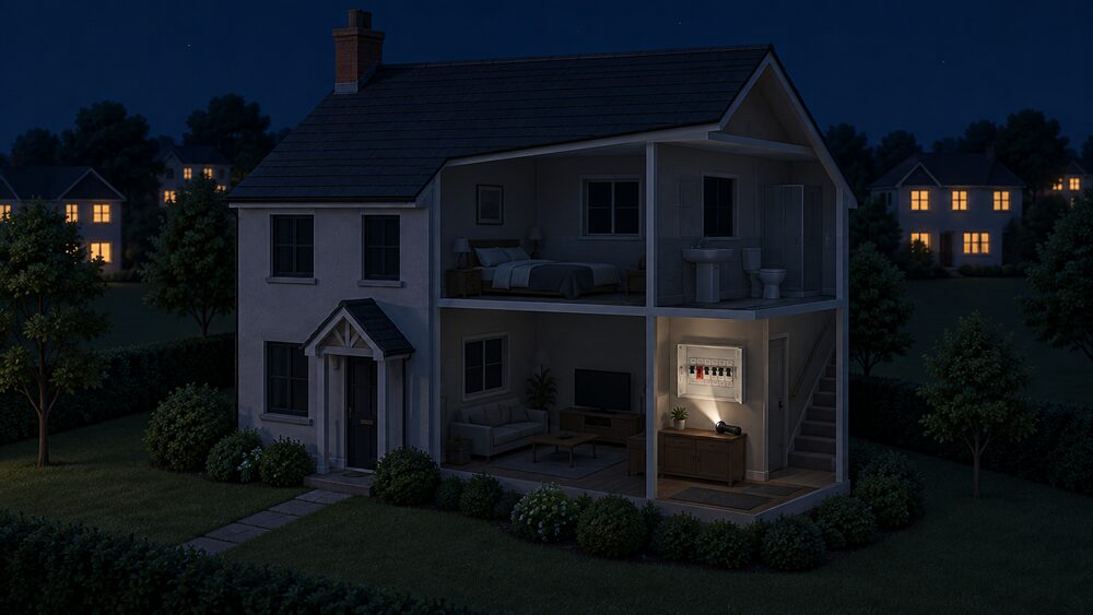 A cutaway of a dark house at night with its windows unlit, an open consumer unit on a wall inside with one trip switch down, a torch beam lighting it, while neighbouring houses in the background still have lit windows.