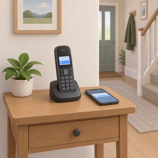 A cordless landline handset resting on a small table in a home hallway, its screen showing a plain incoming-message band, beside a mobile phone, representing the household's means of receiving advance warning of power cuts and emergency updates.
