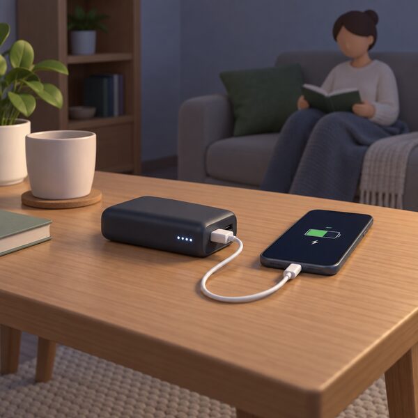A small portable battery pack sitting on a table in a home, with a charging cable plugged into it and a mobile phone connected so it can be charged during a power cut.