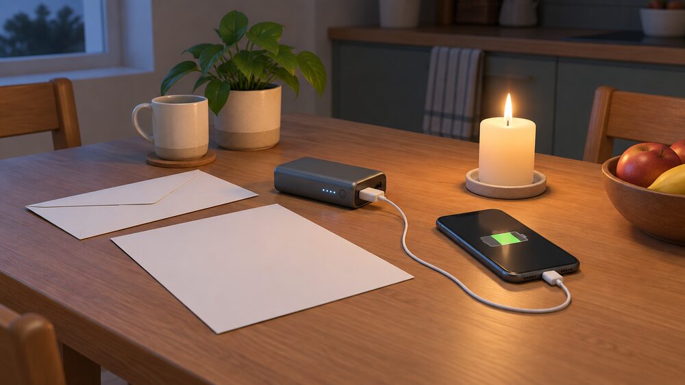 A small portable battery pack loaned during a power cut sits on a kitchen table, its cable charging a mobile phone, beside a blank envelope and a sheet of blank paperwork representing the free priority register, with a lit candle nearby.