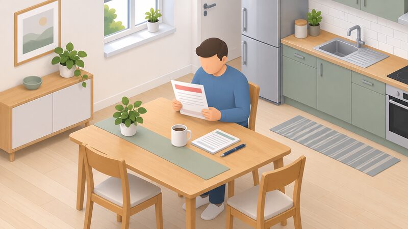 A householder seated at a kitchen table reading a printed warning letter from their network operator, the letter shown as a physical sheet with blank lines and plain colour bands, a pen and a simple household register-style document lying beside it.