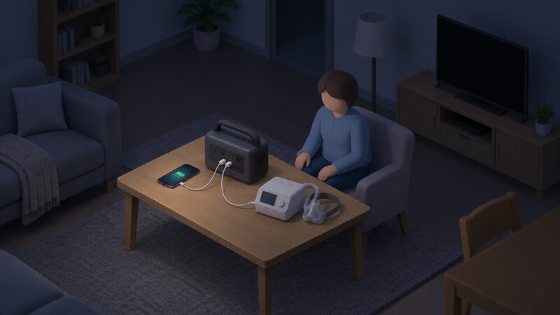 A small portable battery pack on a table in a dim home during a power cut, with a phone and a powered medical device plugged into it by cables, a simplified figure nearby, while the room's lights and fixed appliances stay off.