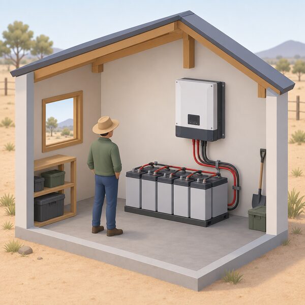 A wall-mounted off-grid inverter inside a simple remote rural property, connected by thick cables to a large battery bank of several batteries standing beside it on the floor, with no grid connection or incoming supply cable anywhere in the scene.