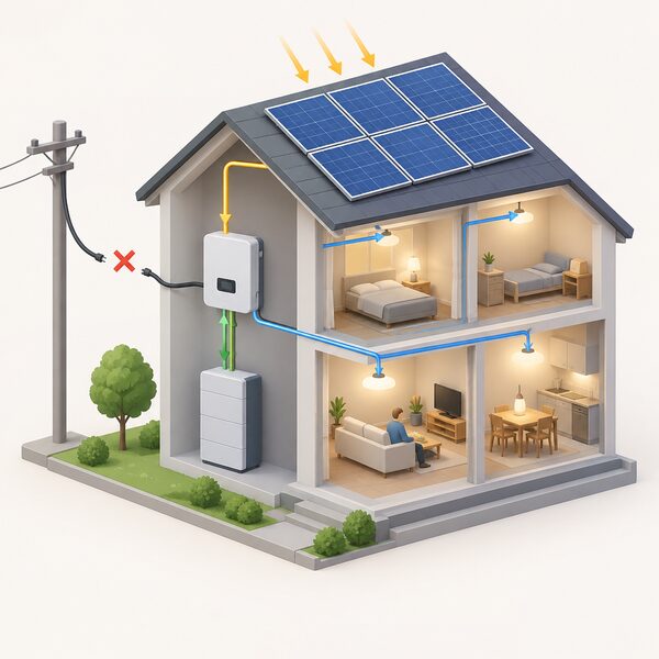 A cutaway house scene during an outage shows a hybrid inverter on a wall inside, disconnected from the incoming grid supply, drawing from rooftop solar panels and a battery unit to power the home's lighting circuits.
