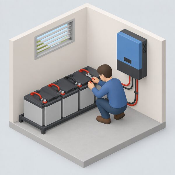 A simplified isometric figure in plain clothing crouched beside a battery bank in a utility space, using a hand tool to check the cable terminations on the batteries while the inverter sits nearby and a clear ventilation opening is visible above.