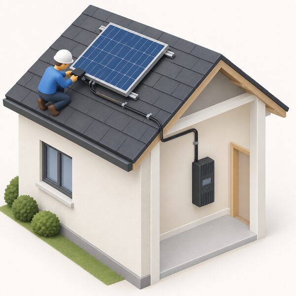 A simplified isometric roof scene showing one solar module with a small Tigo TS4 rapid shutdown unit mounted at its frame, connected by a cable run down the roof to an indoor wall-mounted OutBack FLEXmax charge controller, with a small figure fitting the module unit.