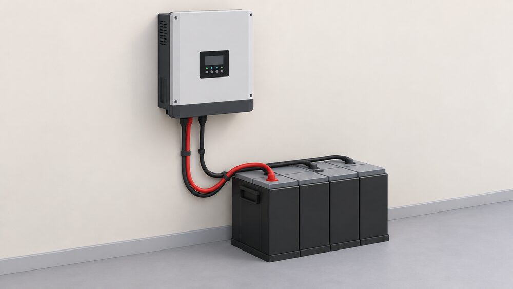 A close-up of a wall-mounted inverter-charger unit with thick cables running down to a large battery bank beside it on the floor, the two connected so stored DC power feeds the inverter that produces household AC.